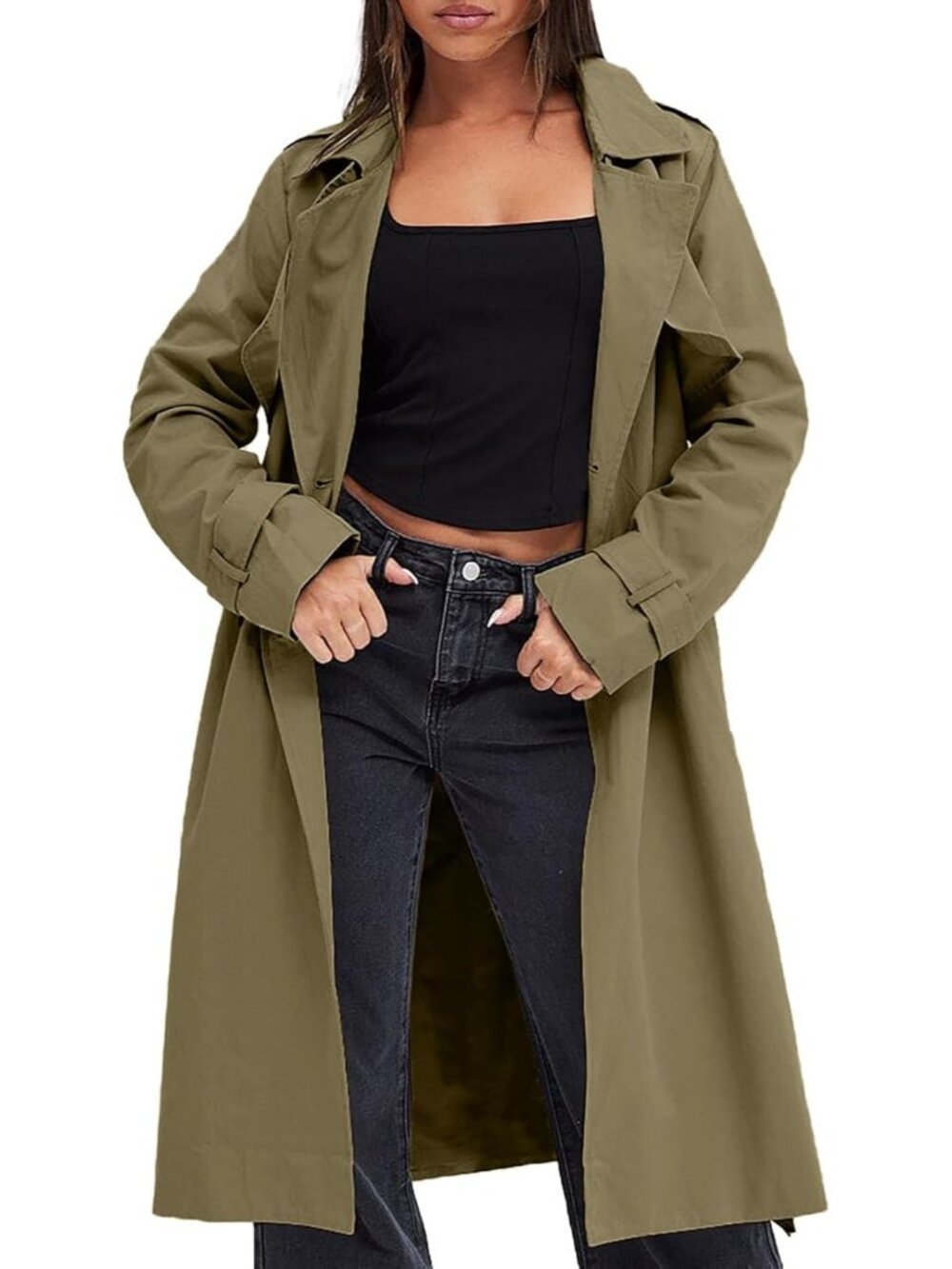 Women Army Green Notch Collar Long Sleeve Pocketed Double Breasted Trench Jacket